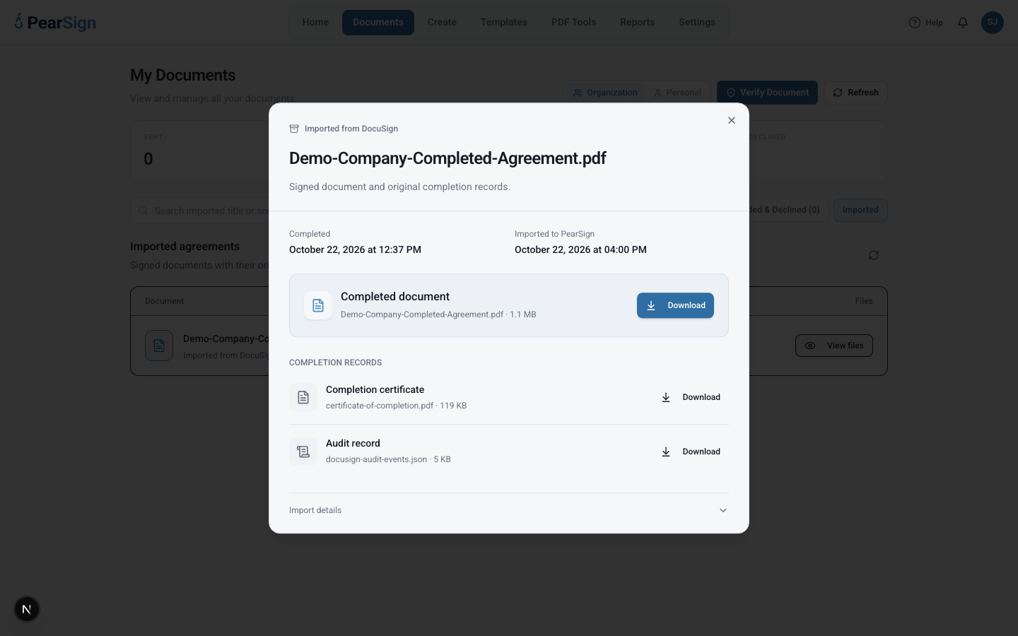 PearSign Documents showing the imported Demo Company agreement with its completed PDF, original completion certificate and audit record