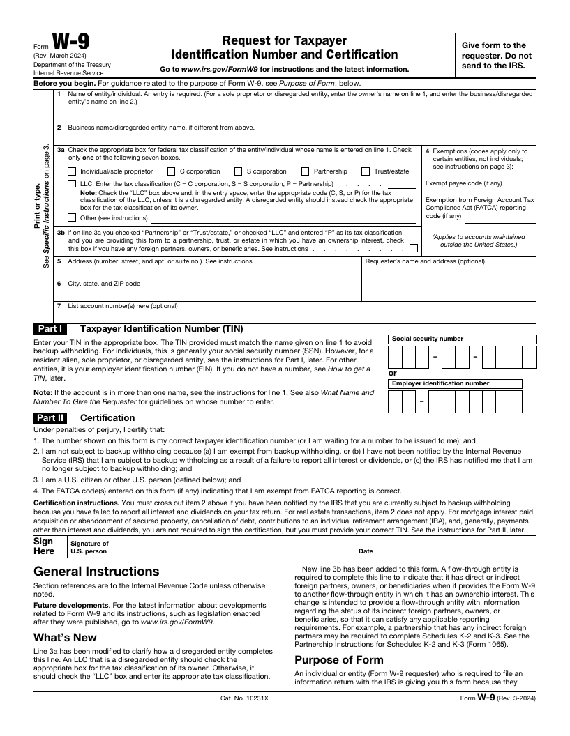 First page of the blank official IRS W-9, March 2024 revision