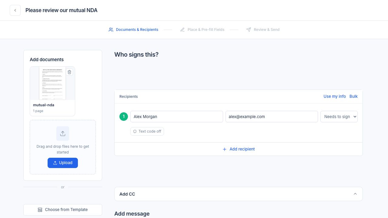 PearSign recipient setup with a sample agreement and signer.
